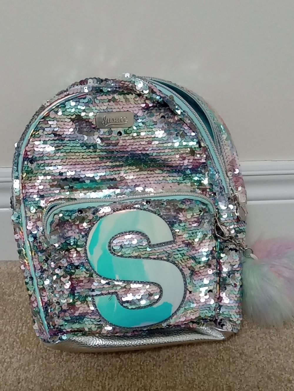 Justice Sequin Mini Backpack in Aqua and Multicolor with 'S' Initial